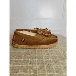 LAM Moccasin Slipper Kids Size 11 Suede Shearling Faux Fur Lined  Brown New